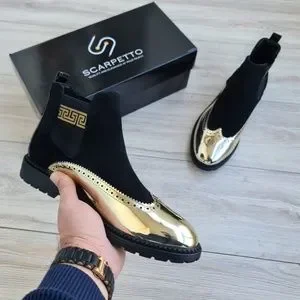Scarpetto | Shoes | Black Gold Chelsea Boots Greek Pattern 